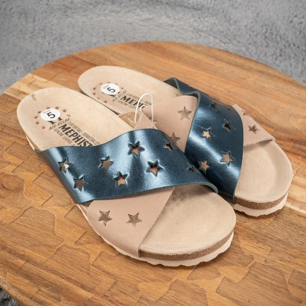 Mephisto Star Leather Cross Band Sandals Nanou Blue/Ivory‎ EU 35 US 4.5-5